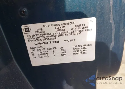 1996 Chevrolet Lumina Apv z USA, uszkodzony, nr VIN 1GNDU06E6TT100896